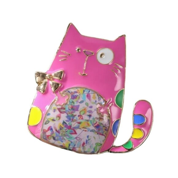 Adorable Cute Pink Cat Enamel Brooch Pin Whimsical - Picture 1 of 2